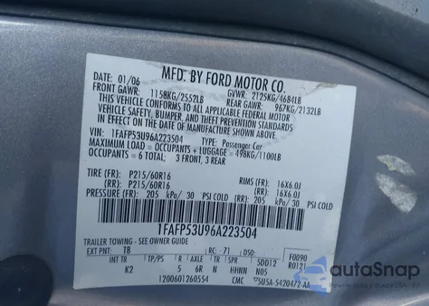 2006 Ford Taurus Se из США, поврежденный, VIN 1FAFP53U96A223504